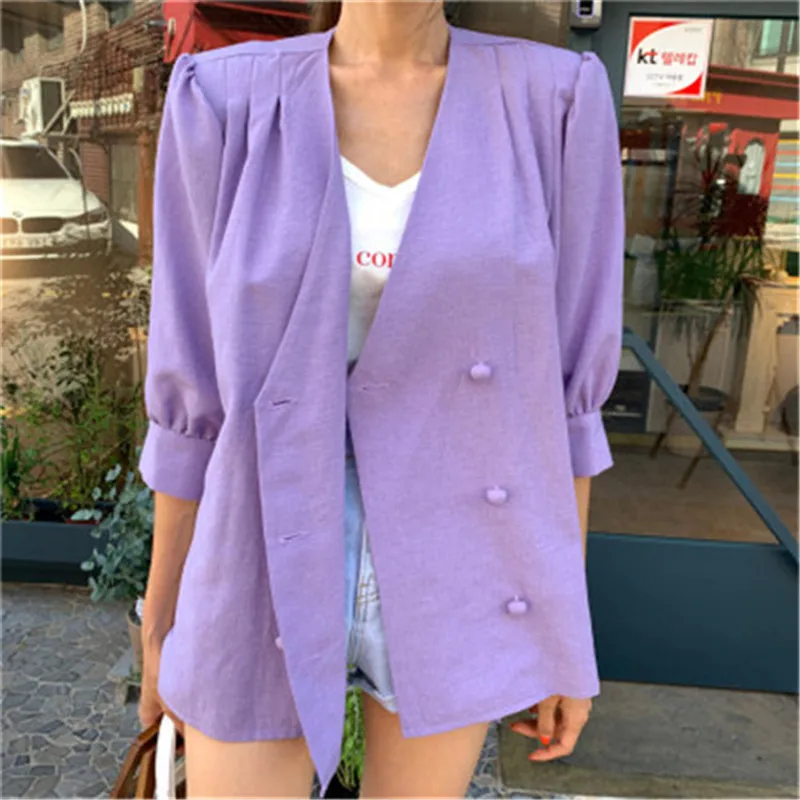 Женский однобортный костюм Ins однотонный фиолетовый из органической кожи с