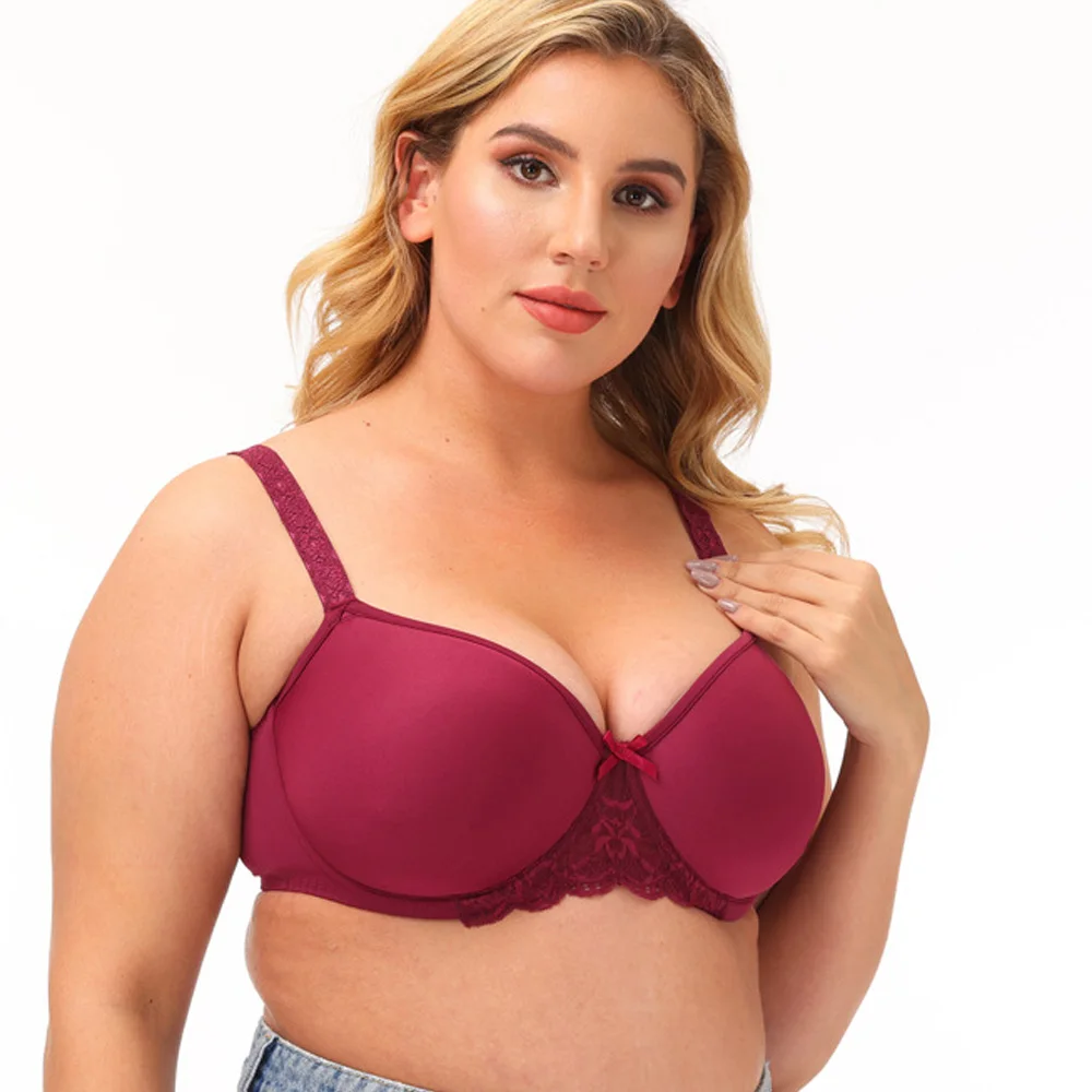 

Wine Red Women Lace Bra Ladies Bras Adjusted-straps Underwire Unlined Solid Color Lace 3/4 Cup C D E 36 38 40 42 44