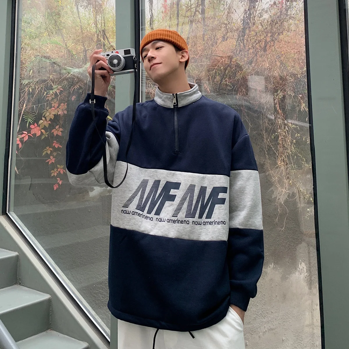

FMZXG New Style Flannel Thickened Stand Collar Pullover Sweater Port Style Loose Color Matching Coat Men's Fashion Top