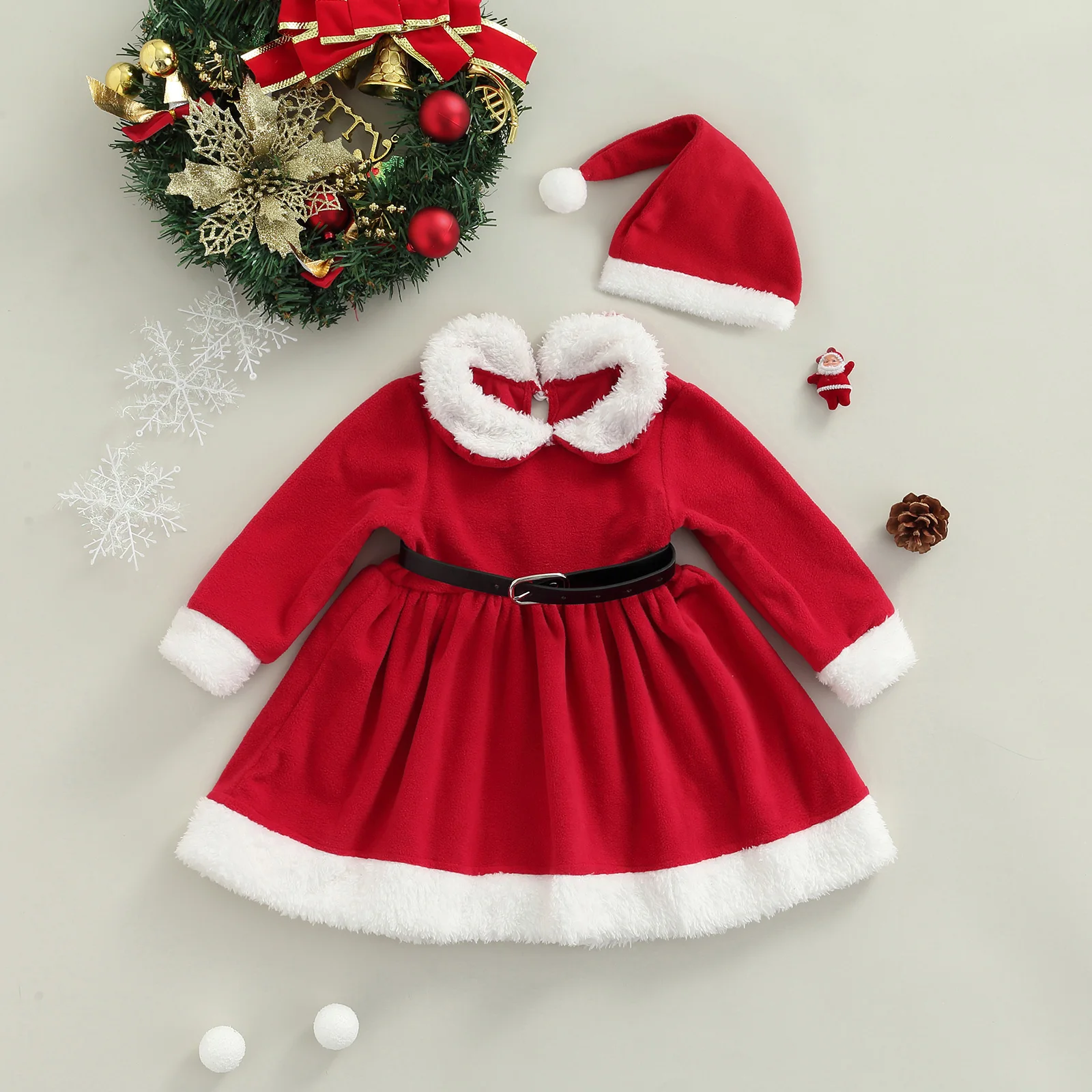 

Toddler Baby Girls Christmas Costume Cartoon Santa Round Neck Long Sleeve Red Dress Version Celebrate Holiday Costume