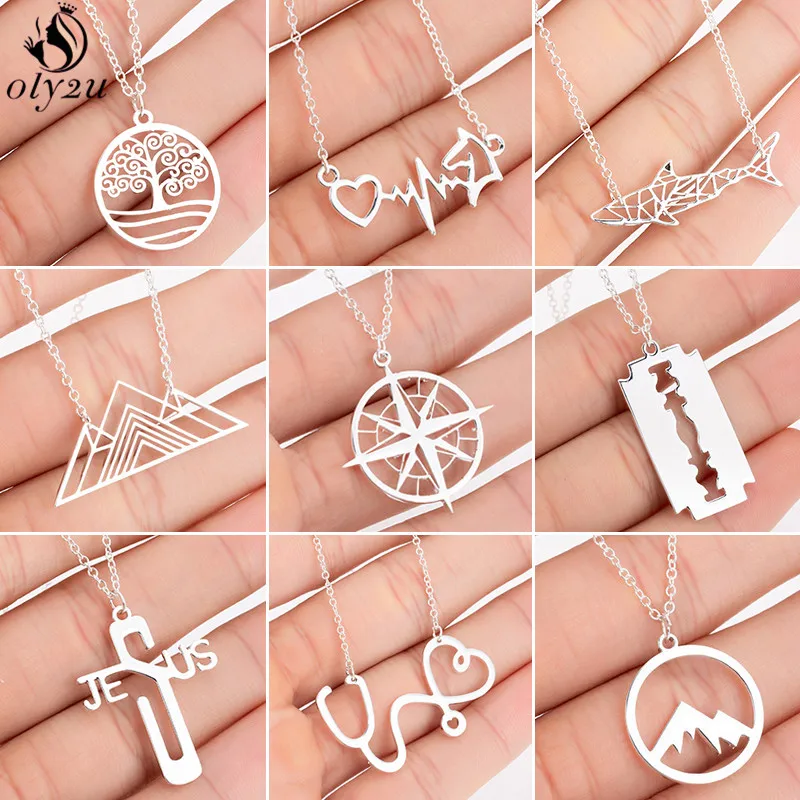 Unique Razor Blade Stainless Steel Charm Necklace Women Dainty Compass Cross Mountain Necklace Brand Streetwear Pendant Collane