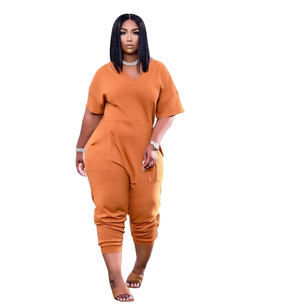

Coffeehot Jumpusits women's plus size clothing Fashion Casual Solid V-neck Loose jumpsuit women