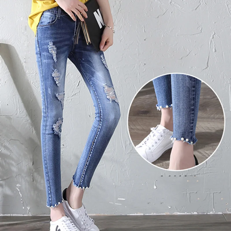 

Streetwear Ripped Skinny Jeans For Teen Girls Fashion Ankle Length Ripped Jeans Women Vintage Pearl Beading Skinny Denim Pants