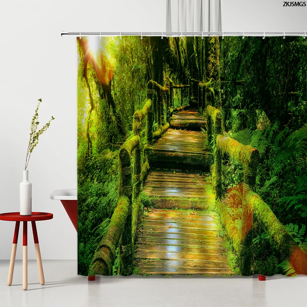 Пейзаж занавеска для душа набор с ковриком ванной деревянная лестница в зеленом