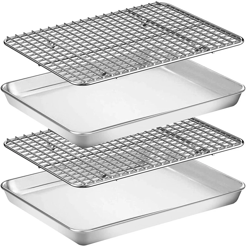 

Baking Sheet&Rack Set,Stainless Steel Cookie Pan/Toaster Oven Tray with Cooling Rack,Non Toxic&Heavy Duty&Easy Clean