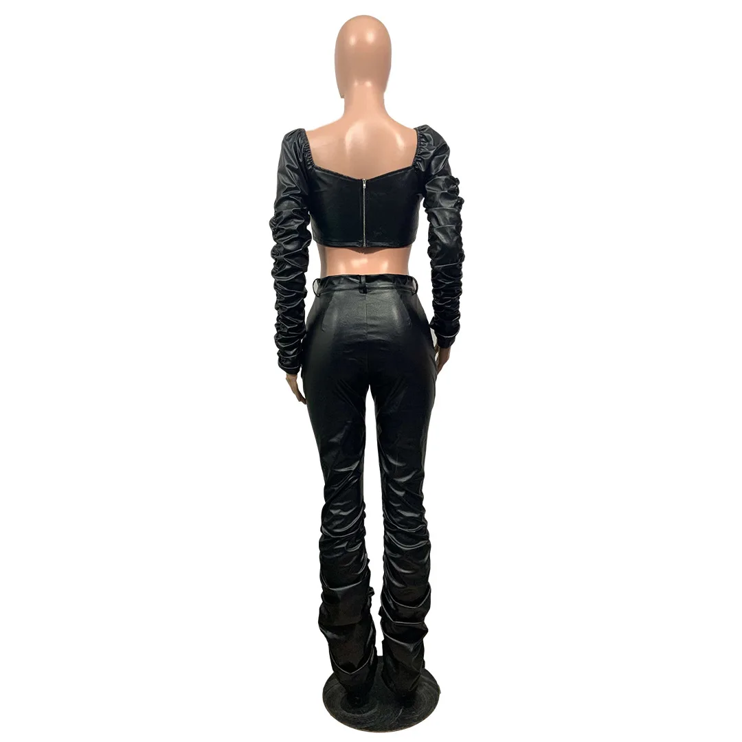 

HAOOHU Autumn Stacked Faux Leather PU Women Set Ruched Crop Tops Bellbottom Pants Set Tracksuit Two Piece Sets Outfit