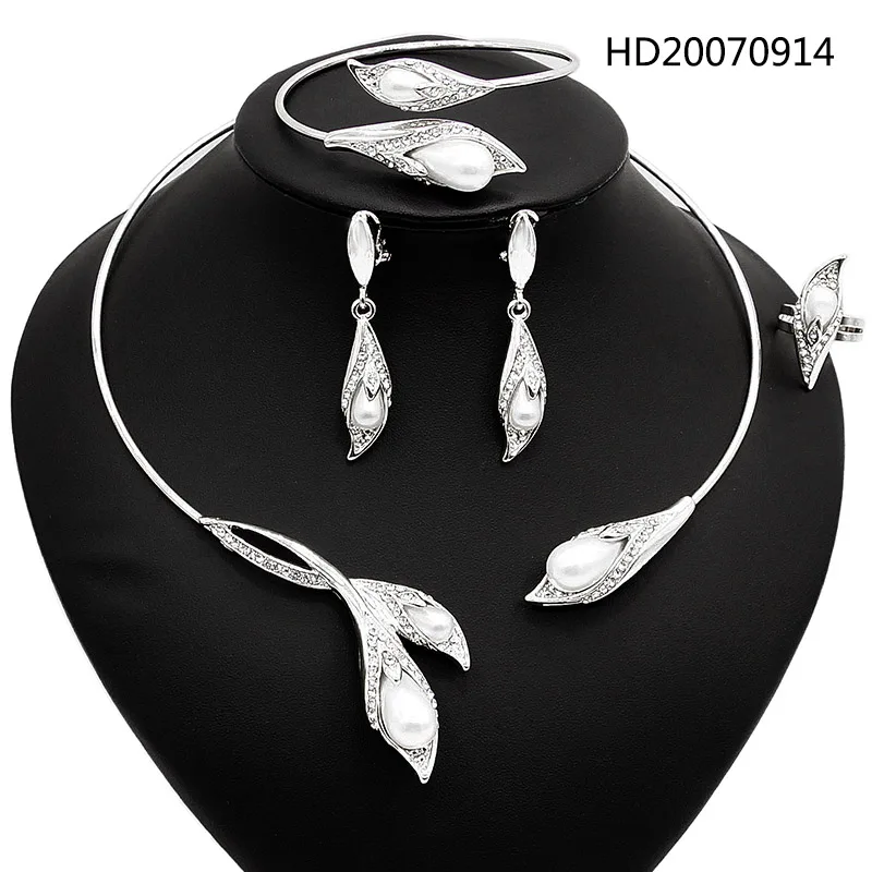 

Yulaili Newest Charm Choker Necklace Bracelet Earrings Ring For Women Filled Simulated Pearl African Jewelry Sets Free Shipping