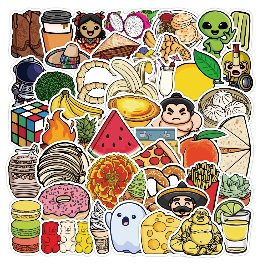 

50PCs Cartoon Children's Food Stickers Waterproof Reusable DIY Refrigerator Notebook Kitchen Mark Sticker Toys