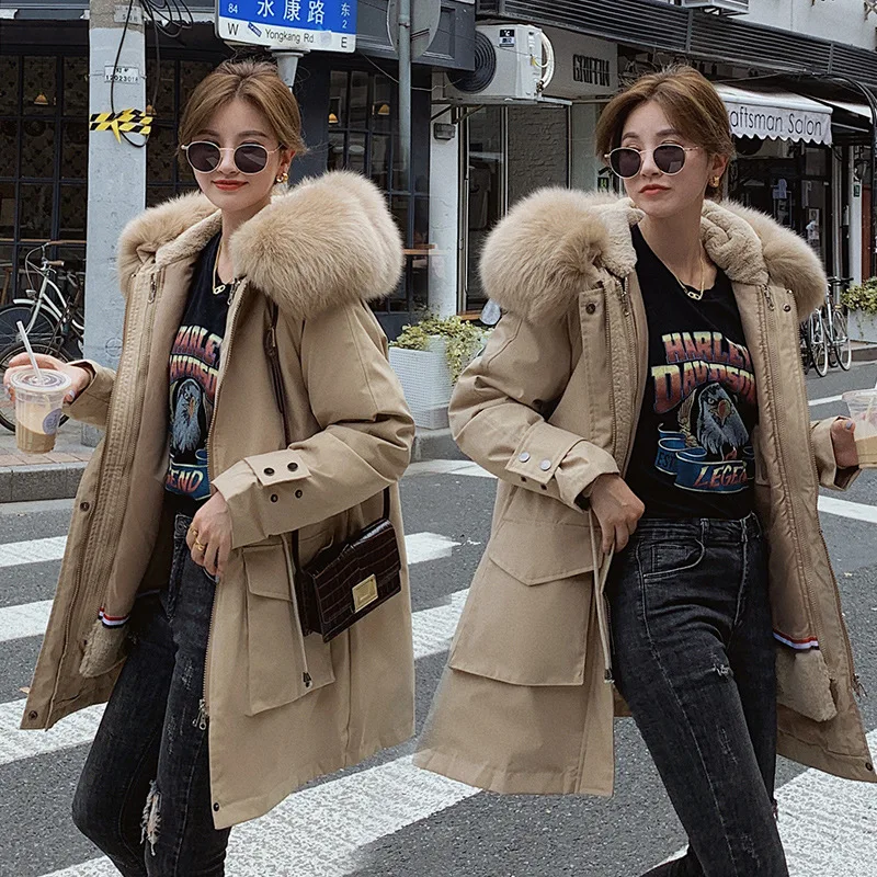

Women Long Winter Jacket Two Side Wear Hooded Fur Collar Windproof Down Jacket Oversize Cotton padded Parkas Outwear Coat