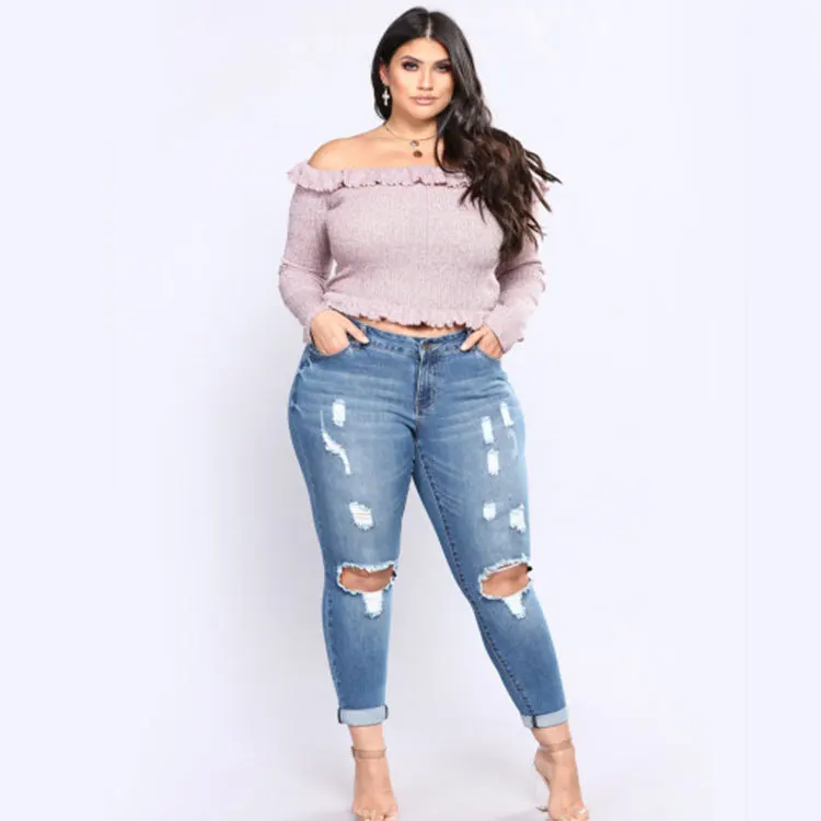 

PLUS SIZE women's high elasticity ripped large size jeans custom logo print on product and package from 1pc dropship
