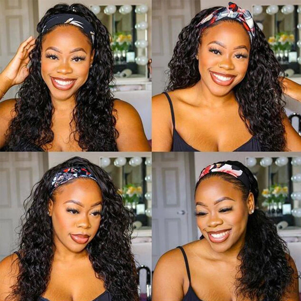 

Curly Headband Wig Human Hair Wigs Machine Made Human Hair Wigs With Headband Peruvian Remy Hair Scarf Wig For Black Women