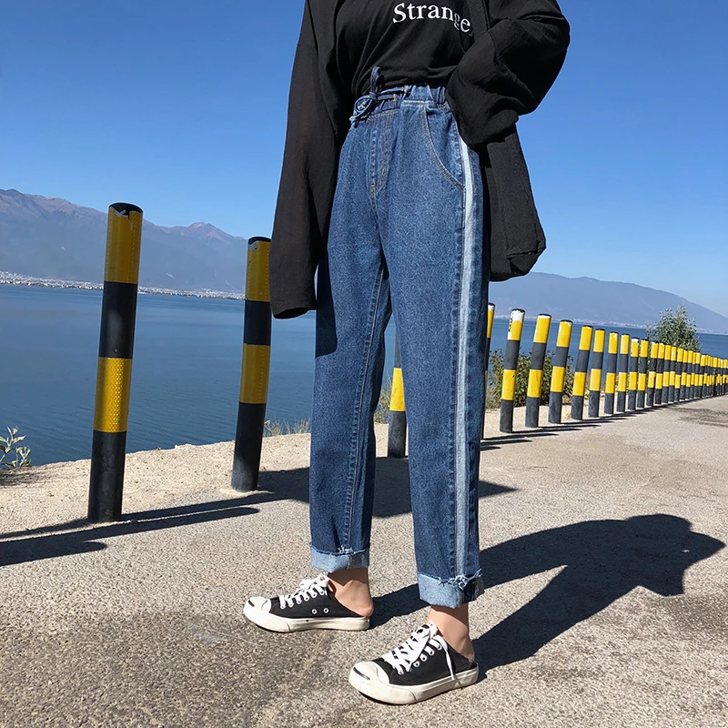 Navy blue Ранняя осень новые свободные удобные эластичные талии прямые джинсы женские модные трендовые старые широкие брюки женские - Цвет: Navy blue
