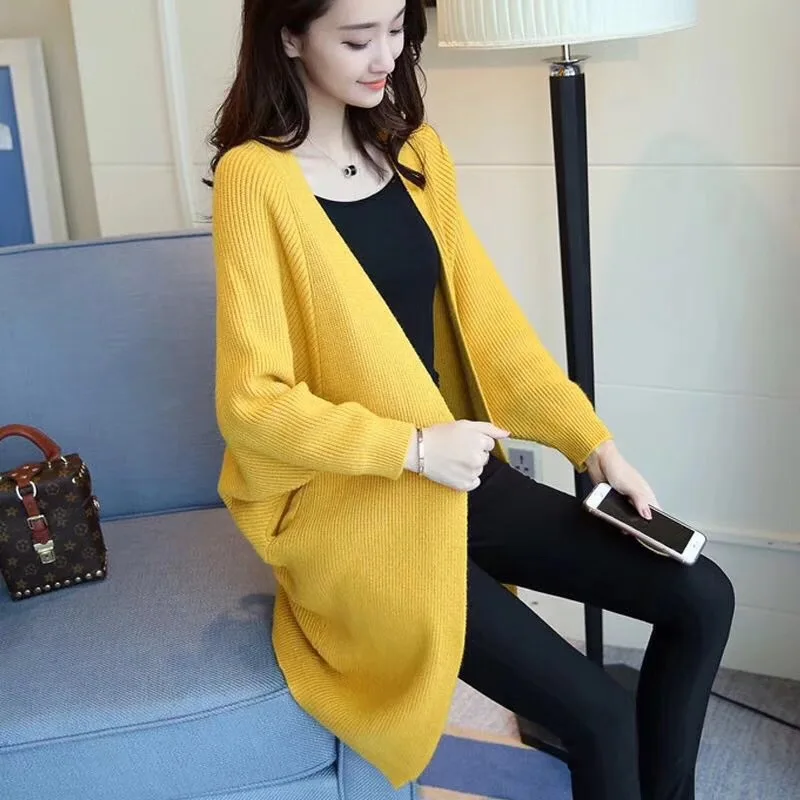 Женский вязаный кардиган с длинным рукавом свободный Однотонный свитер открытым