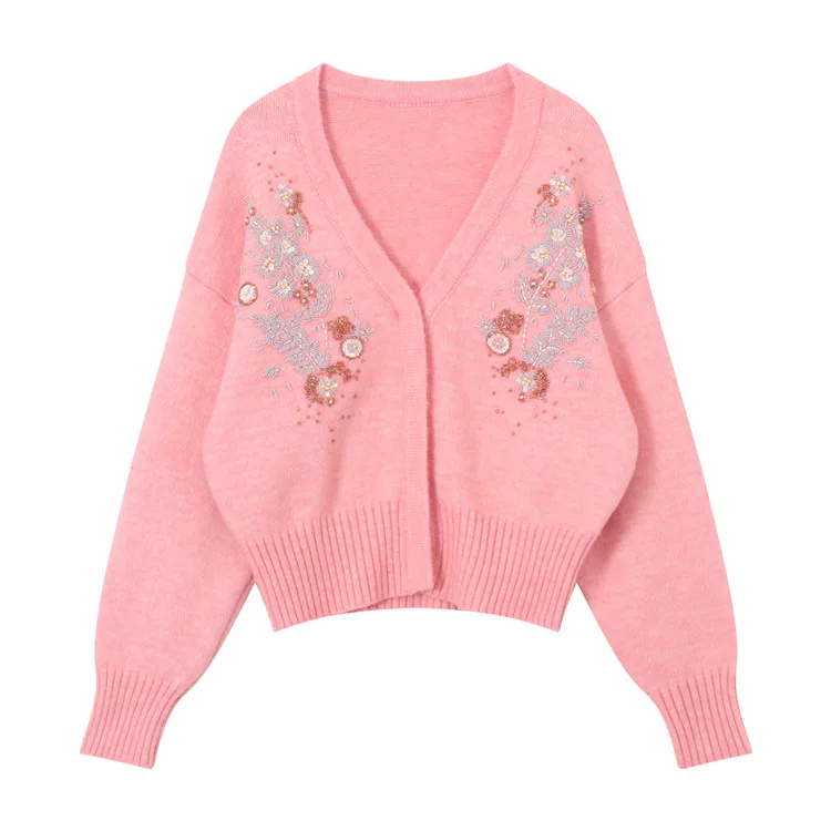 

Knitted Cardigan Sweater Button 2020 Fall/Winter New Style Small Fragrance V-neck Beaded Flowers Flowers Knitted Cardigan Sweate