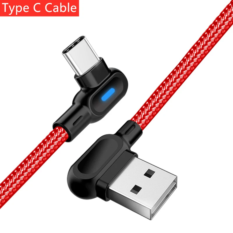 USB Type C Cable With Light LED 90 Degree Elbow Fast Charging For iphone 12 Pro Max Samsung Xiaomi Huawei Charger Data Cables