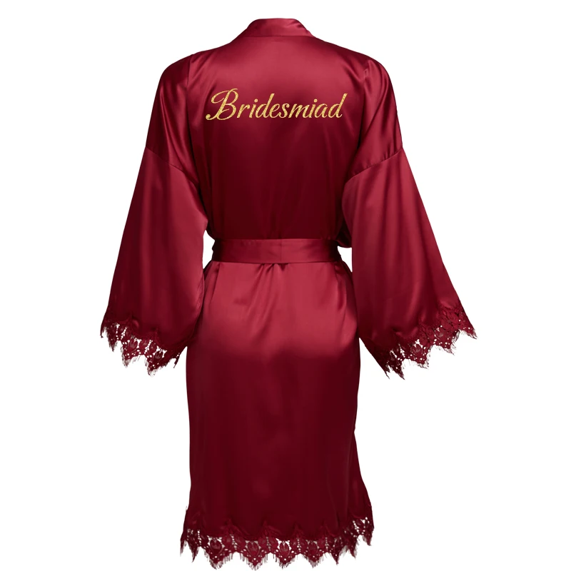 bride robe Burgundy New Matt Satin Lace Robe with Trim Gown Bridal Wedding Bride Robes Bridesmaid Kimono Robe  Bridal Robes