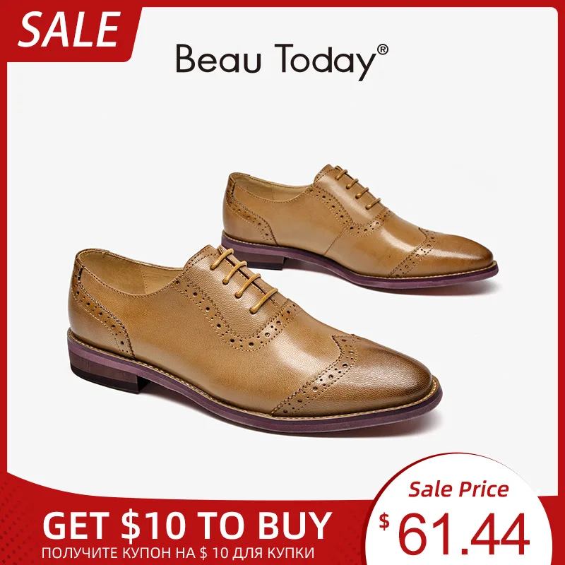 

BeauToday Oxfords Women Sheepskin Leather Wingtip Round Toe Brogues Lace Up Lady Dress Shoes Handmade 21409