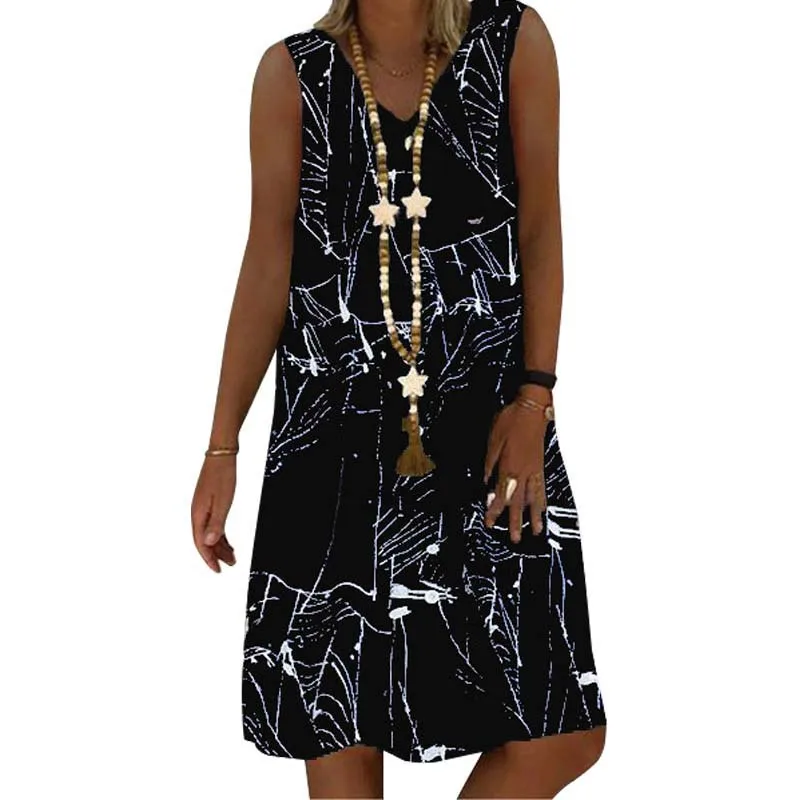 

Bohemian Midi Dresses Women Sleeveless V-neck Off Shoulder Pullover Ladies Dress Loose Casual Plus Size Beach Female Dress