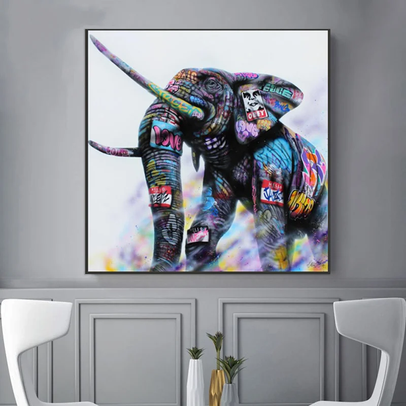 Красочный Рисунок слона на холсте Плакаты и принтами в стиле протестного уличного искусства Животные