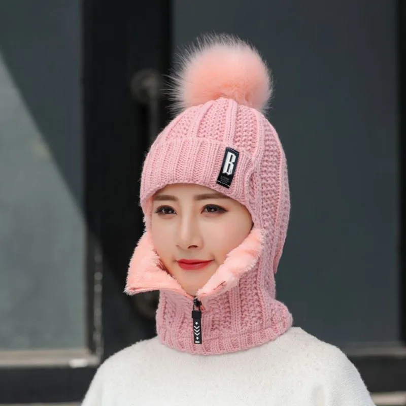 

Winter Earmuffs Ms B Standard Sets Han Edition Add Wool Knitting Hat Female Cycling Wool Zipper Collar Warm Hat Hats for Women