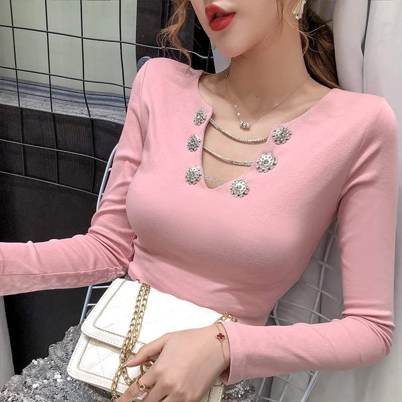 Весна Осень 2020 модная сексуальная хлопковая Футболка с вырезами и стразами топы