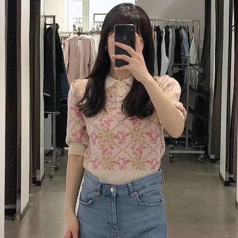 

2021 spring and summer women's new animal jacquard short sleeve knitted Polo Shirt Short Sleeve T-Shirt