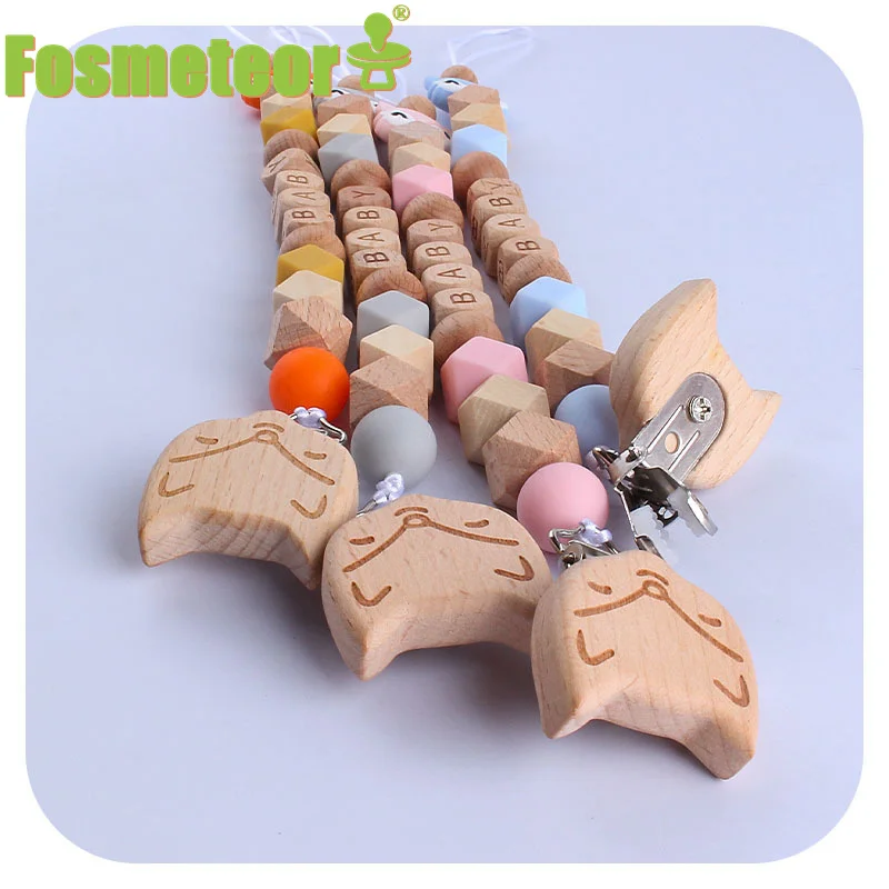 

Fosmeteor Food Grade Fox Beech Wooden Silicone Teether Baby Rodent Bracelet Teething Chain Nursing Infant Pacifier Clips Set