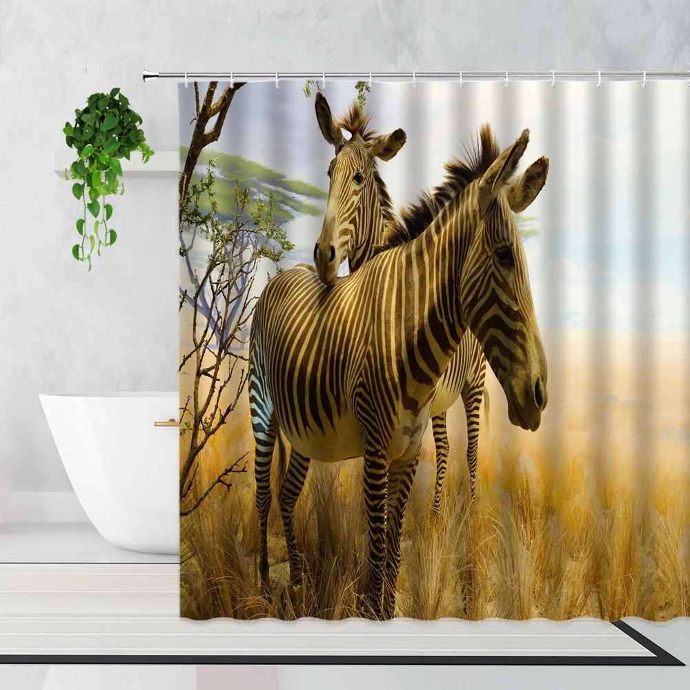 

Zebra Shower Curtains Grassland Animal Art Stripe 3D Printing Bathroom Decoration Bath Curtain Home Decor Background With Hooks