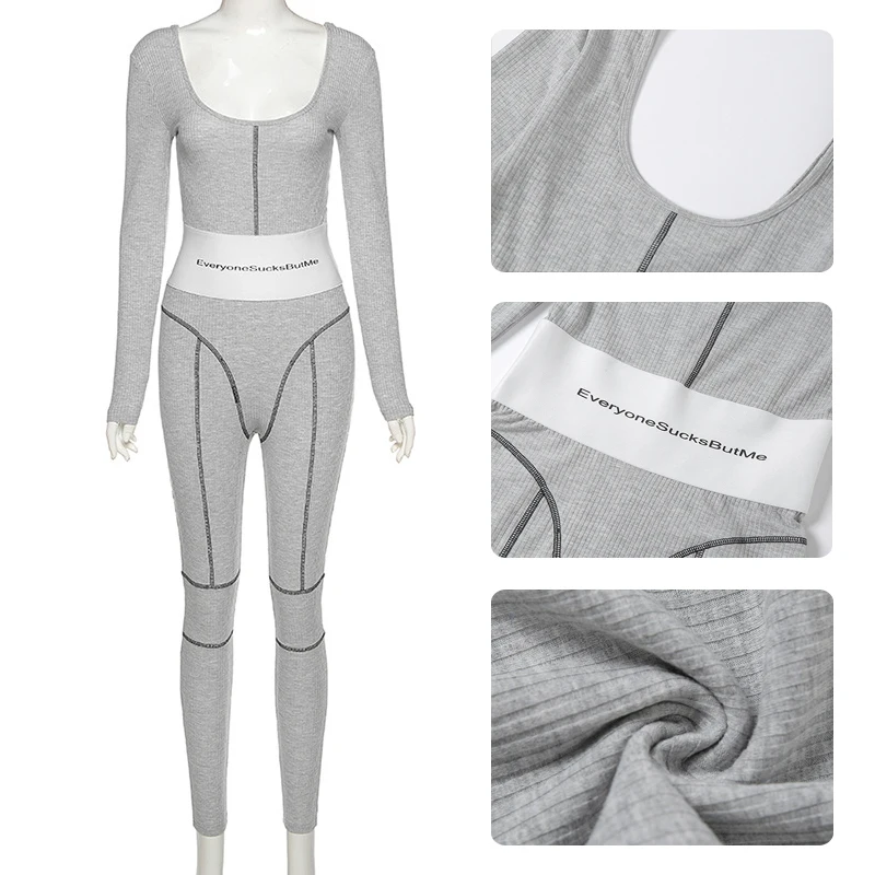 

Sibybo Casual Sporty Ribbed Letter Jumpsuit Women Striped Backless Sexy Rompers Womens Jumpsuit 2021Spring Elastic Slim Overalls