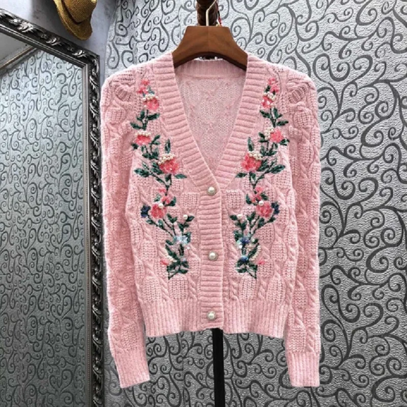 High Quality Pink Cardigans 2021 Autumn Style Women V-Neck Floral Embroidery Knitting Long Sleeve Casual Sweater Tops Coat