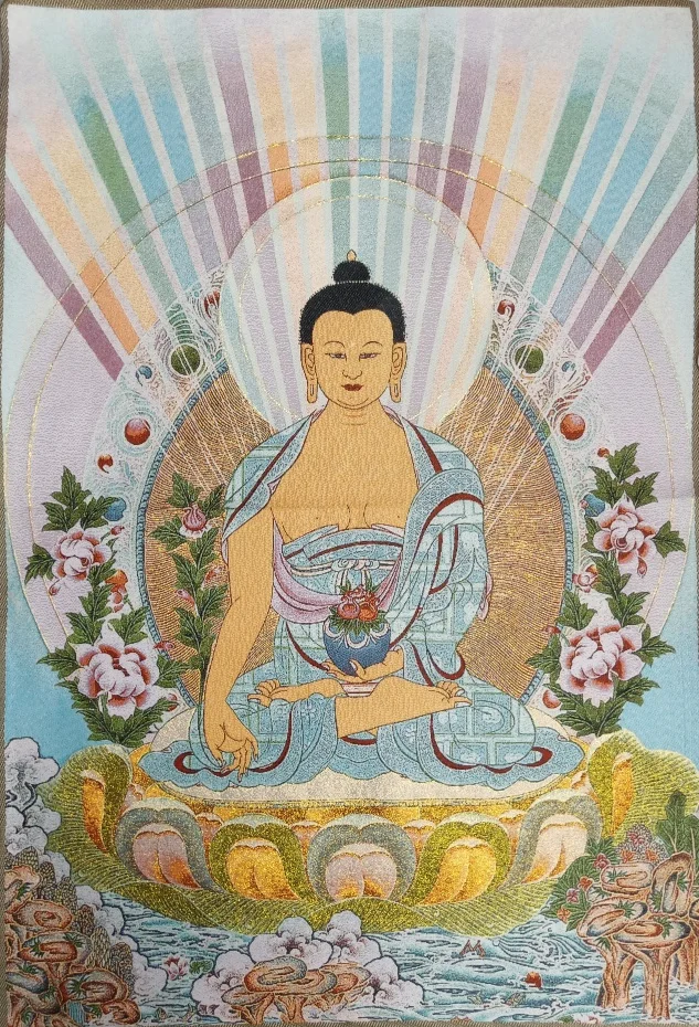 

36" Tibet Tibetan Embroidered Cloth Silk Buddhism Pharmacist Glass Light Tathagata Tangka Thangka Mural Buddha Home Decor