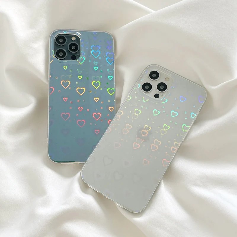 Phone Case For iPhone 13 12 11 Pro X XR XS Max 7 8 Plus SE 2 Luxury Colorful Laser Love Heart Clear Soft IMD For iPhone 12 Case
