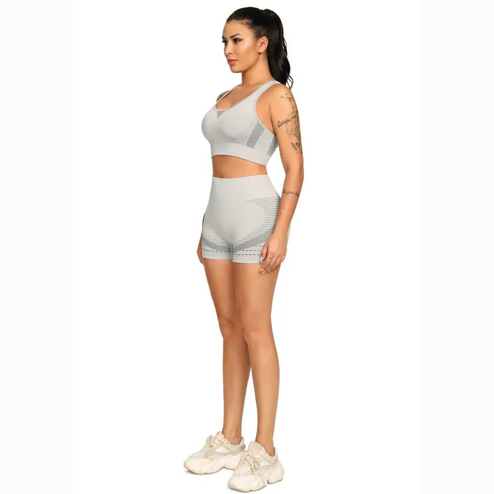 

3 Color 2 Piece Yoga Set For Women Fake Two-piece Bra Mesh High Waist Shorts Fashion Running Seamless Fitness Elastic Suit
