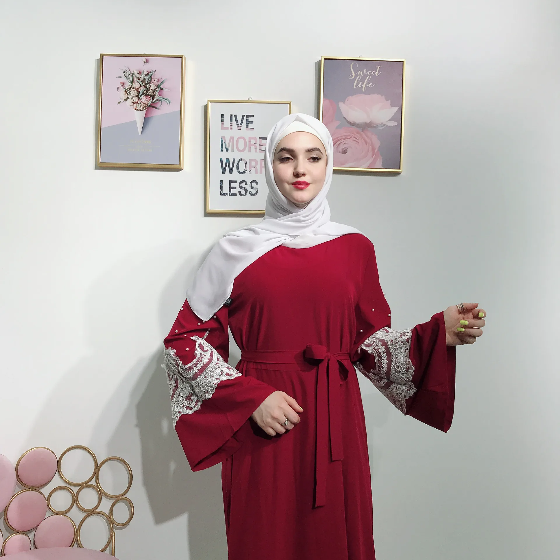 

Middle East Muslim Sweet Abaya Dress Women Beading Lace-up A-line Maxi Long Dress Musulman Kimono Caftan Dubai Hijab Dresses
