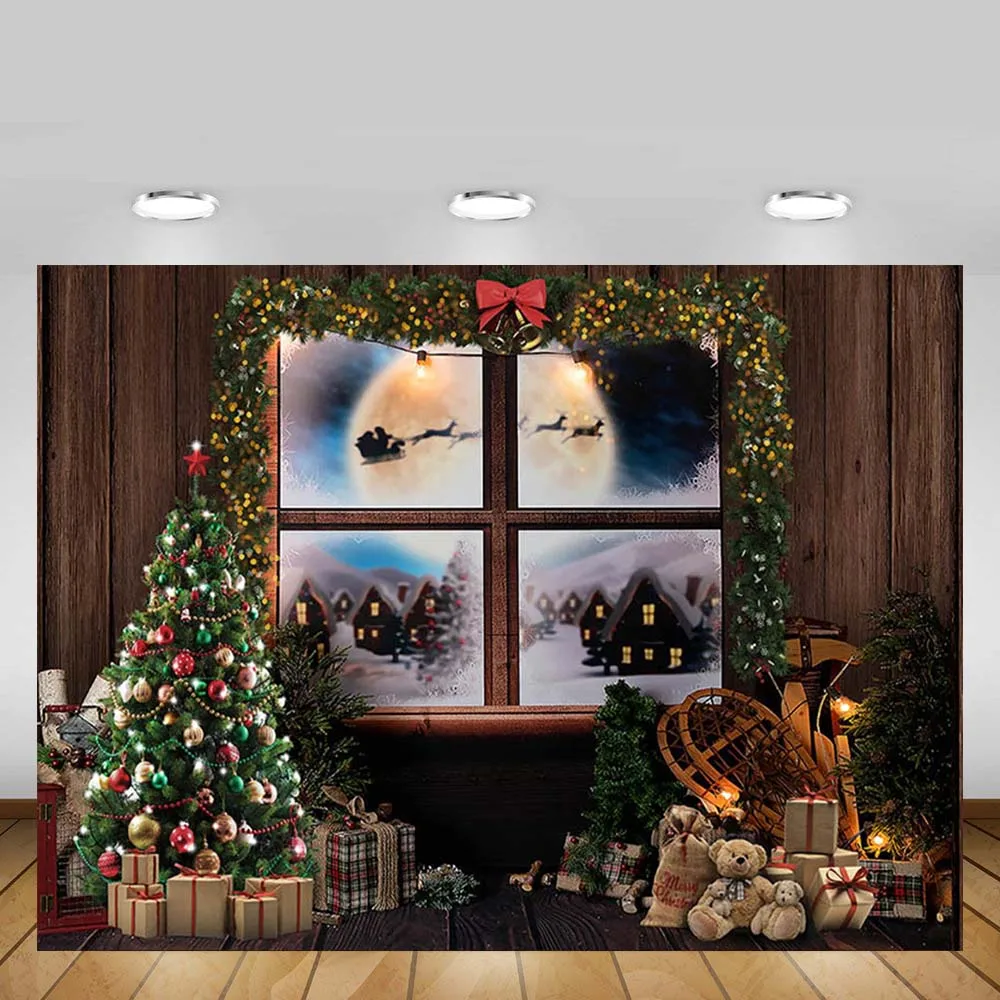Фон Mehofond с изображением деревенского рождественского окна оленя темная