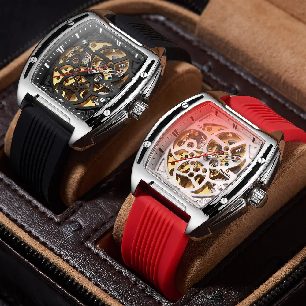 

Luxury Designer Branded Mechanical Watch for Men Creative Hollow Wristwatch Waterproof Rubber Strap Automatic Clock Male relogio