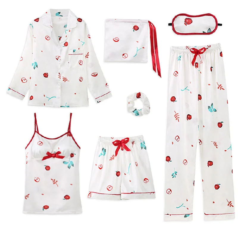 

Spring Summer Autumn 7 Pcs Set Silk Elegant Women Pajamas Print Shorts Long Sleeve Top Elastic Waist Pants Lounge Sleepwear Set