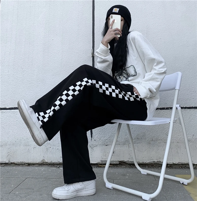 

Spring new Harajuku style side plaid print high waist wide leg casual trousers