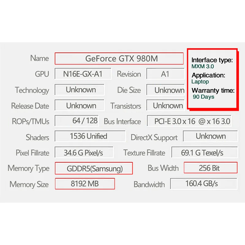 Видеокарта для Dell Alienware M17X R4 R5 M18X R2 R3 /HP /MSI/Clevo GTX980M GTX 980M 8 ГБ GDDR5 N16E-GX-A1 | Компьютеры и