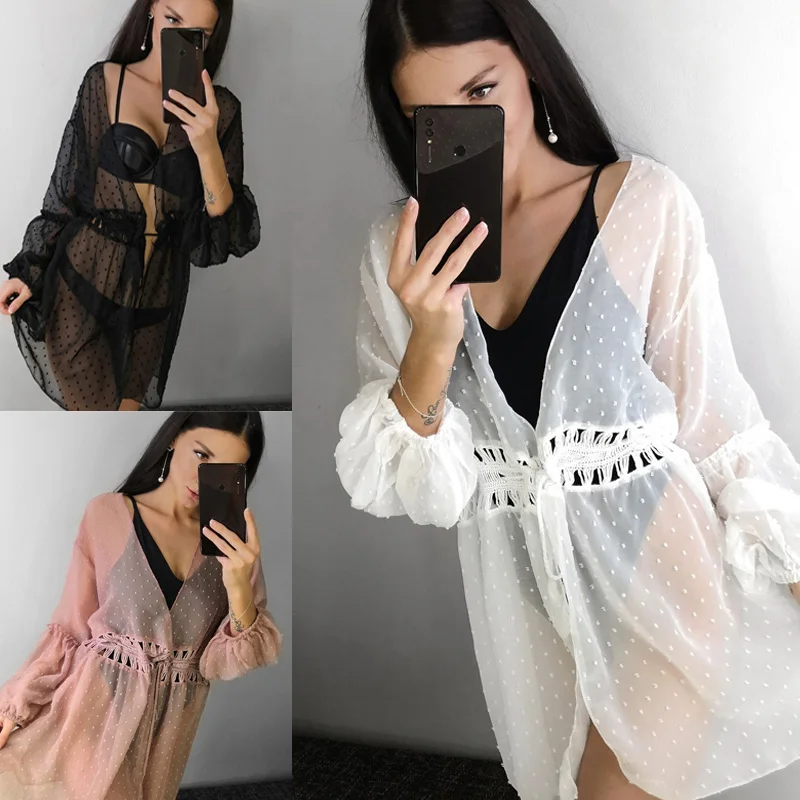 

Chiffon Beach Dress Bikini Cover Up Cardigans Sexy Women Summer Boho Lace Pareo Casual Kimono See Through Maxi Robe 2020 Fashion