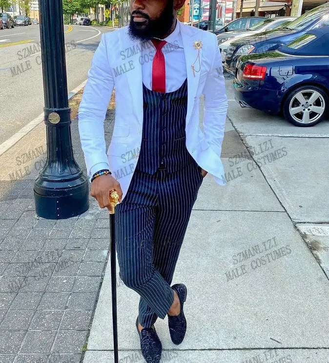 2021 индивидуальный заказ белая куртка с синей полосой жилет брюки мужской костюм