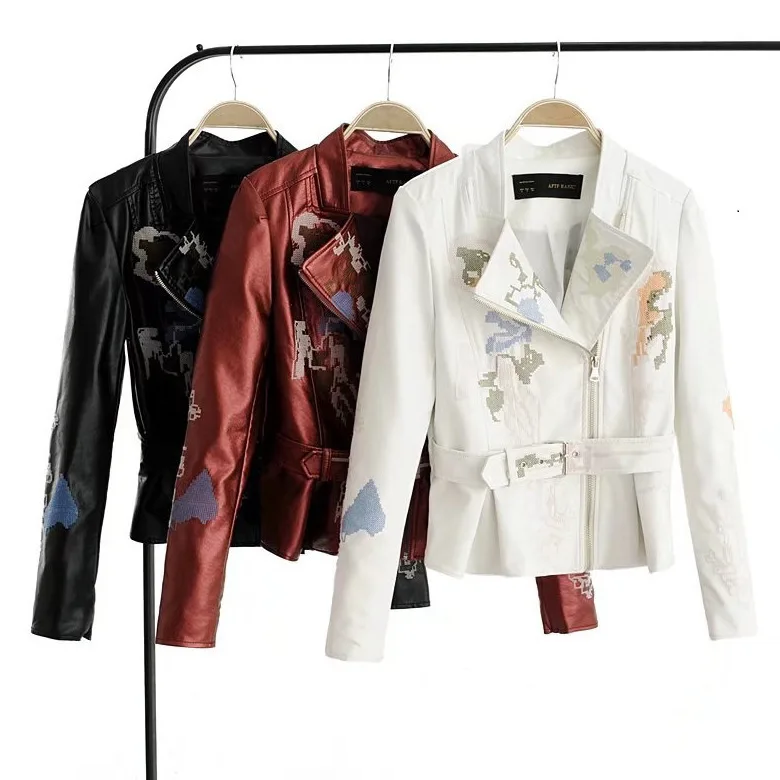 Кожаный ветрозащитный костюм с вышивкой и поясом Свободное пальто|Женские