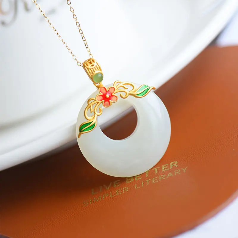 

HML& silver inlaid natural Hetian white Chalcedony ring Enamel Pendant Necklace Chinese style retro charming women's jewelry