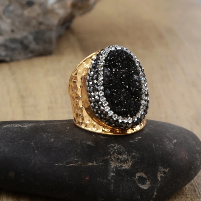 BOROSA большой кулон agates Druzy каменные кольца богемные Drusy титановые цвета кольцо черный белый синий Радуга кольца для вечерние JAB757 - Цвет основного камня: Black druzy