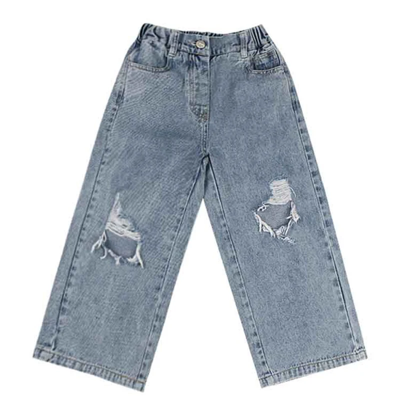 

Girls Casual Jeans 2021 Korean Summer Solid Denim Wide Leg Pants High Waist Children Ripped Loose Trousers 3-7Y