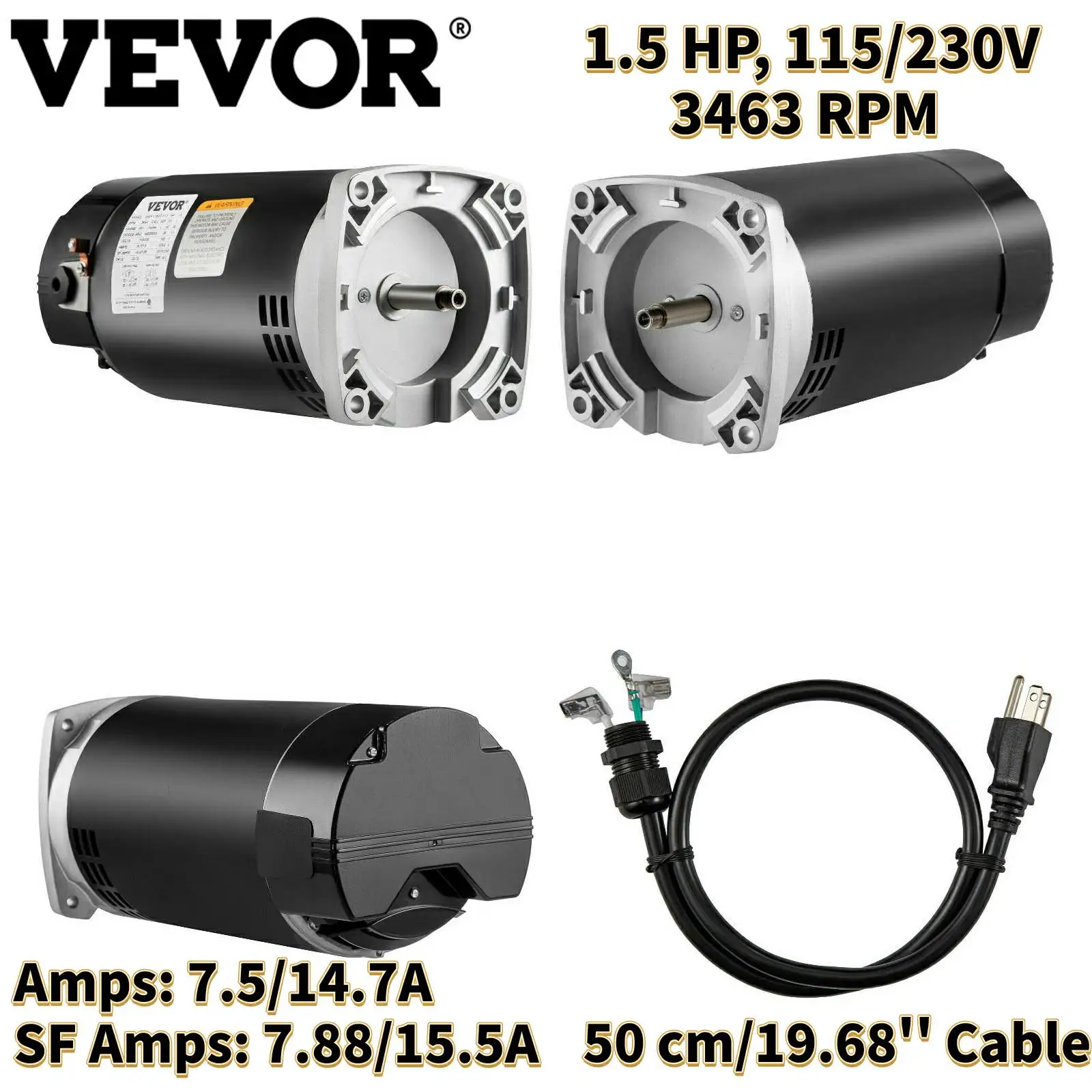 

VEVOR 1.5HP 3463RPM Pool Pump Motor 115/230V 60Hz ODP With 19.68Inch Power Cord for Swimming Pool, Hot Tub, Thermal Springs, SPA
