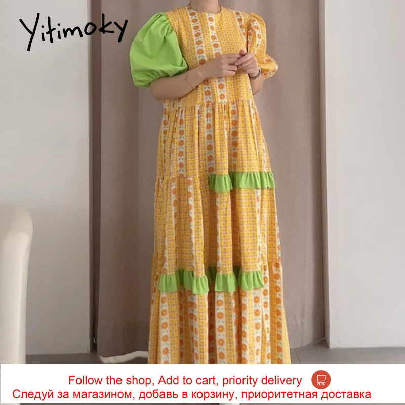 

Yitimoky Contrase Color Dresses Women Puff Sleeve O-Neck 2021 Summer Fashion New KoreanPrinting Floral Patchwork Loose Dress
