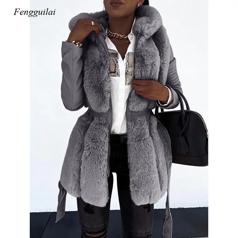 

Winter Women's Faux Fur Coat Hooded Fur Belt Fashion Stitching Pu Zipper Jacket Women's Jacket