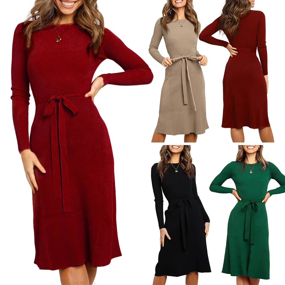 Wipalo Трикотажное платье миди с поясом на талии облегающее вязаное лапша