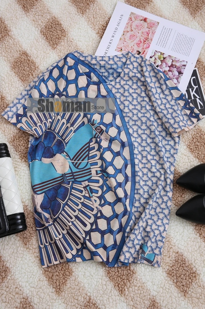 

summer 2021 O neck short sleeve classic blue print female T-shirt baby skin soft cotton shirts for women sexy tops graphic tee